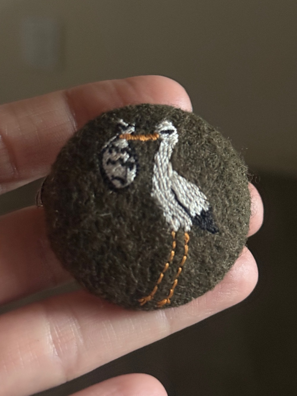 Vintage 1970s Hand-Embroidered stork baby Bird Wool brooch Button - Olive Green